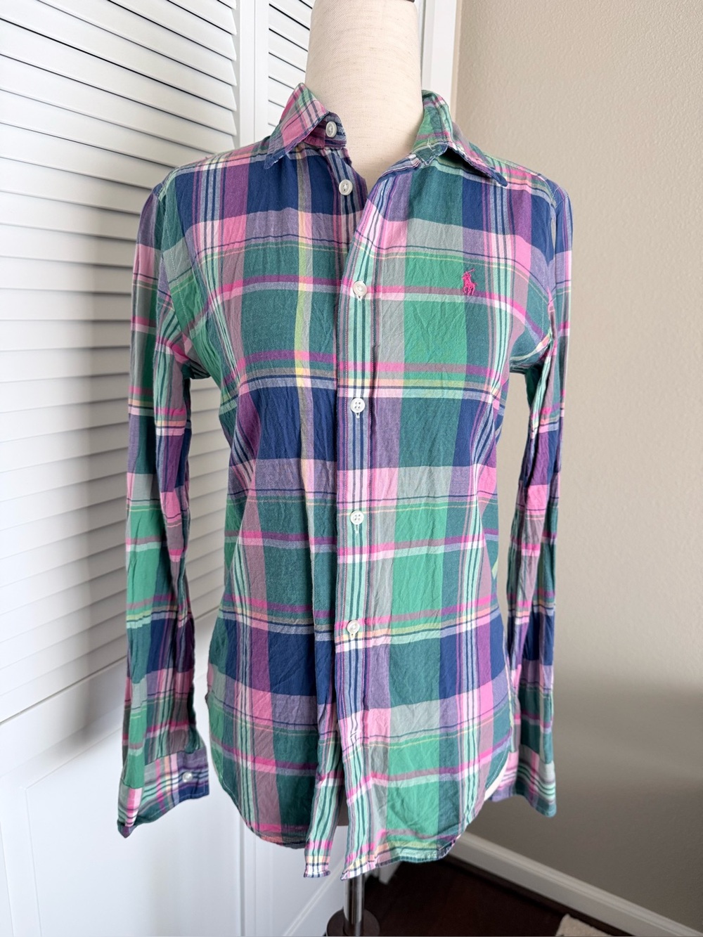 Ralph Lauren Green & Pink Plaid Button-Down Shirt Women’s Size 4 EUC